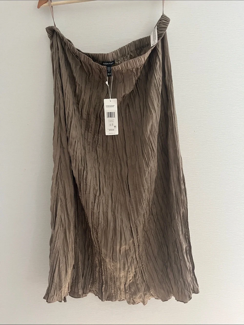 EILEEN FISHER Taupe Pleated 100% silk Midi Skirt with Elastic Waist